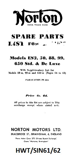 Parts list : Models ES2, 50, 88, 99, 650 - Photocopy : 1961/62