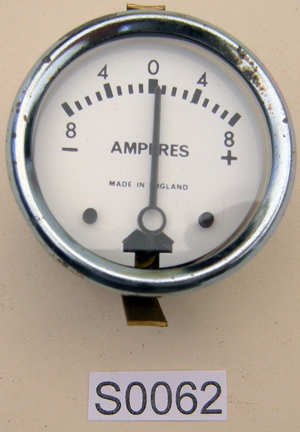 Ammeter : 6 volt : Made in England : 1.75 inch diameter - 8A - 0 - 8A : White faced