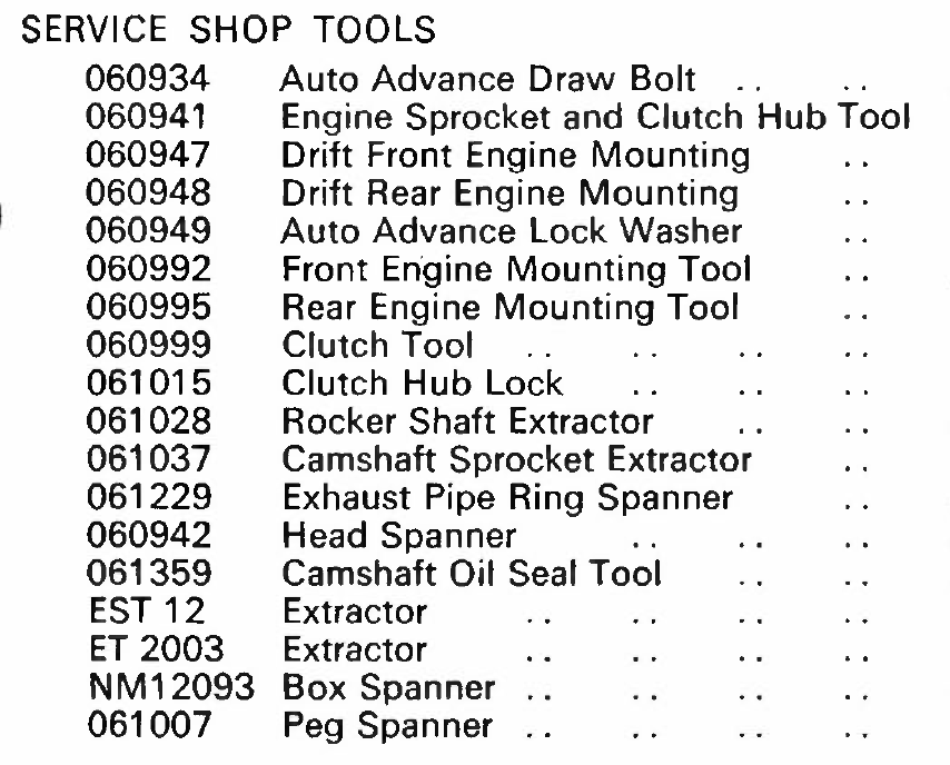 Special tools list