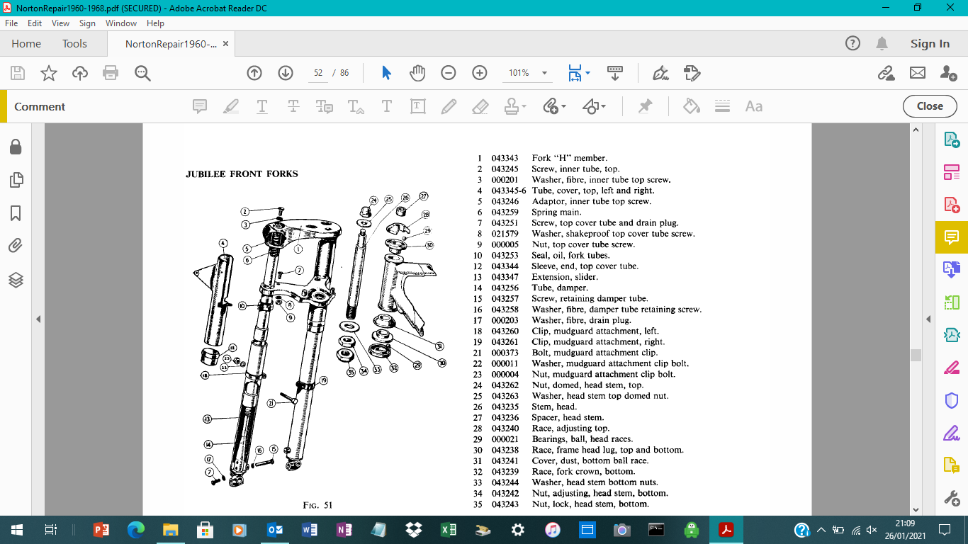 Jubilee front forks diagram with part numbers